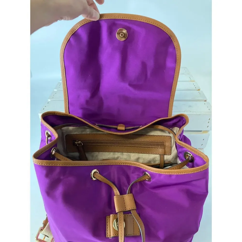 MICHAEL KORS, LARGE PURPLE, BROWN NYLON LOCK CHARM BACKPACK